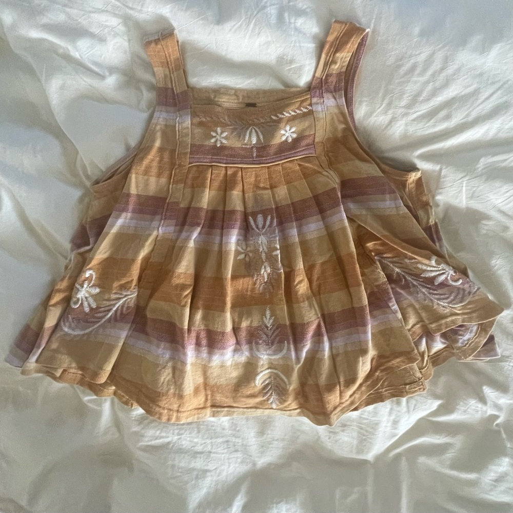 Free People Striped Embroidered Sleeveless Top